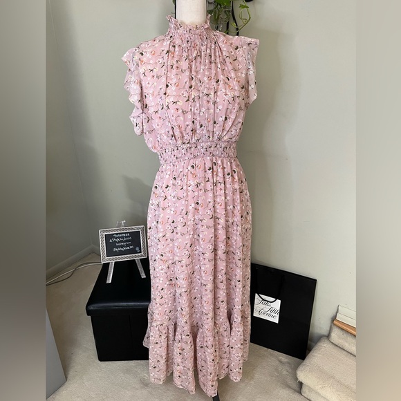Melloday Smocked Mock Neck Tiered Pink Floral Maxi Dress - NWT, size XL - Picture 3 of 13
